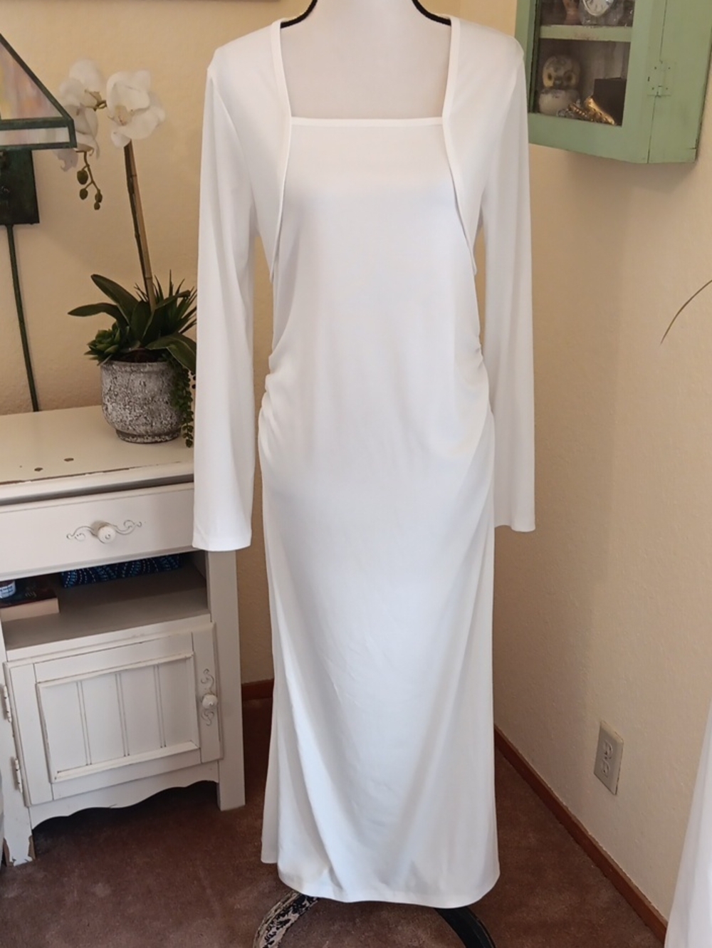 Aiswi Elegant White Maxi Dress with Attached Matching Bolero. Maternity.